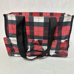 Thirty One Organizing Utility Tote 15 x 11 x 6 Pockets Red Black Holiday Plaid